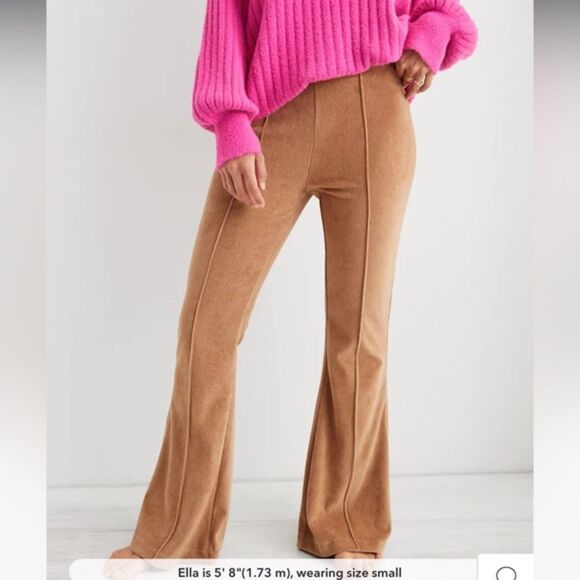 aerie Groove On Corduroy Flare Pants Pull On Elastic Waist Beige Small G217 - Picture 2 of 12